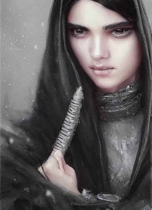 Image similar to a teenage girl with very short black hair and a huge cloak made of grey and black feathers. beautiful highly detailed face. beautiful painting by artgerm and greg rutkowski and raymond swanland, portrait