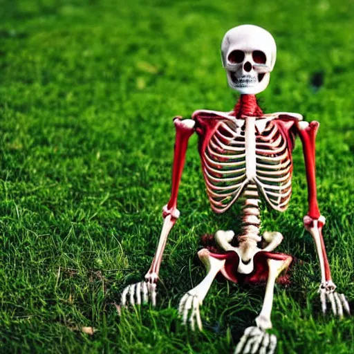 Prompt: humanoid skeleton with red eyes, sitting on green grass, beautiful lighting