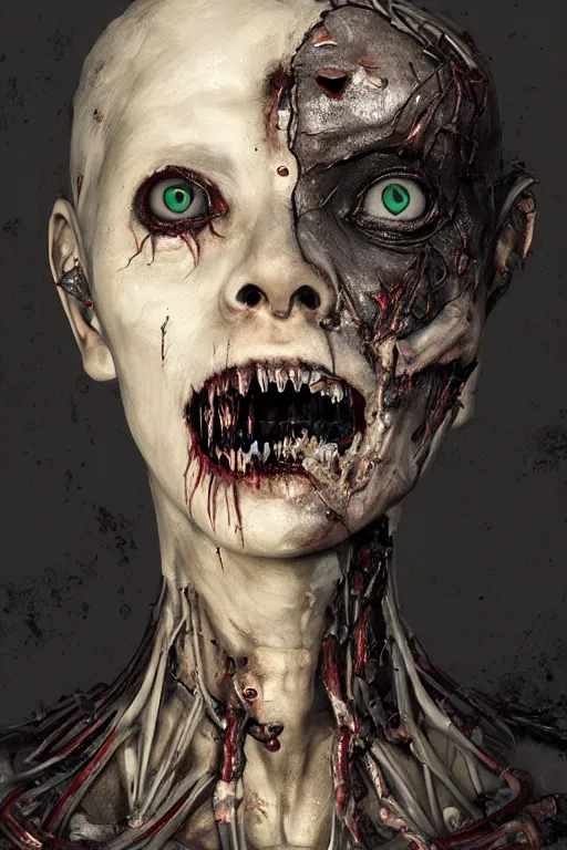 Image similar to portrait of a female zombie robot, intricate, dystopian terror, fangs, extremely detailed, digital painting, sculpted in zbrush, artstation, concept art, smooth, sharp focus, illustration, chiaroscuro lighting, golden ratio, rule of thirds, fibonacci, incredible art by Stanley Artgerm Lau and Greg Rutkowski, composition by mike mignola and Simon Stalenhag,