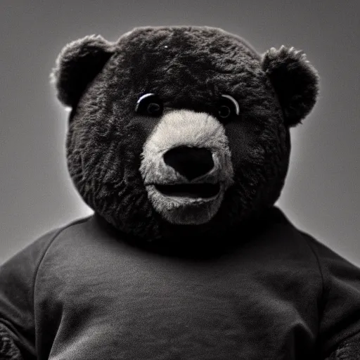 Image similar to a ( ( ( ( ( ( ( ( ( chiaroscuro lighting portrait ) ) ) ) ) ) ) ) ) ) of kanye west dressed as teddy bear mascot, black background, portrait by julia margaret cameron, shallow depth of field, 8 0 mm, f 1. 8