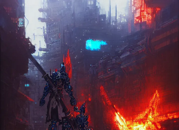 Image similar to two man viking cape evangelion cyborg blue armor sword of fire fighting in cyberpunk tokyo city with explosion by gaston bussiere, anna nikonova aka newmilky, greg rutkowski, yoji shinkawa, yoshitaka amano, tsutomu nihei, muira, moebius, donato giancola, trending on artstation, featured on pixiv