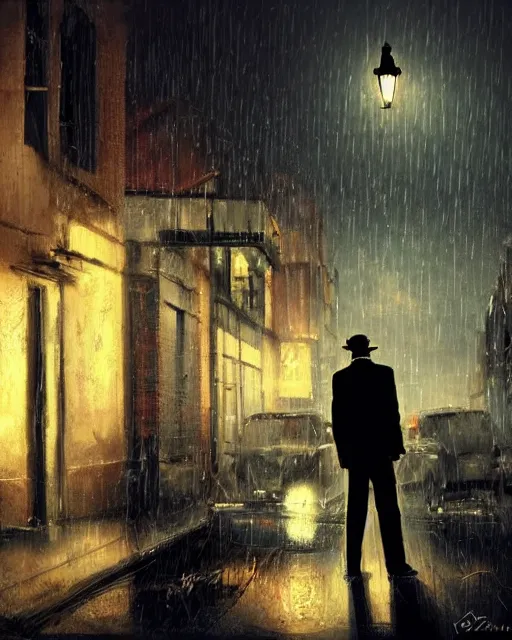 Image similar to a mysterious rugged man in a pinstripe suit holding a pistol in one hand and a briefcase in the other. Raining, street lamps, stormy, atmospheric lighting, mysterious, gloomy. By Makoto Shinkai, Stanley Artgerm Lau, WLOP, Rossdraws, James Jean, Andrei Riabovitchev, Marc Simonetti, krenz cushart, Sakimichan, D&D trending on ArtStation, digital art.