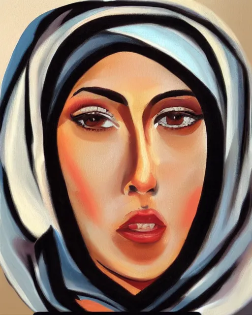 Prompt: hijabi woman face, with a female robot body, oil painting