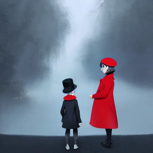 Image similar to a thin man in a black coat and bowler hat talks with small young girl who is dressed in a red coat and a red hat, park, autumn, wide angle, high detail, By Makoto Shinkai, Stanley Artgerm Lau, WLOP, Rossdraws, James Jean, Andrei Riabovitchev, Marc Simonetti, krenz cushart, Sakimichan, D&D trending on ArtStation, digital art, width 768