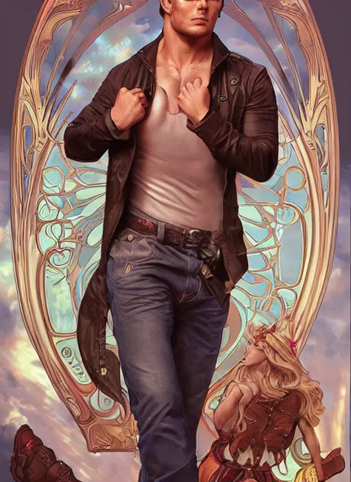 Image similar to photorealistic, canon eos 5 d mark iv, pretty muscular dean winchester as a character in romance book art design, character concept, sharp focus!, ultra detailed, art by artgerm alphonse mucha, wlop