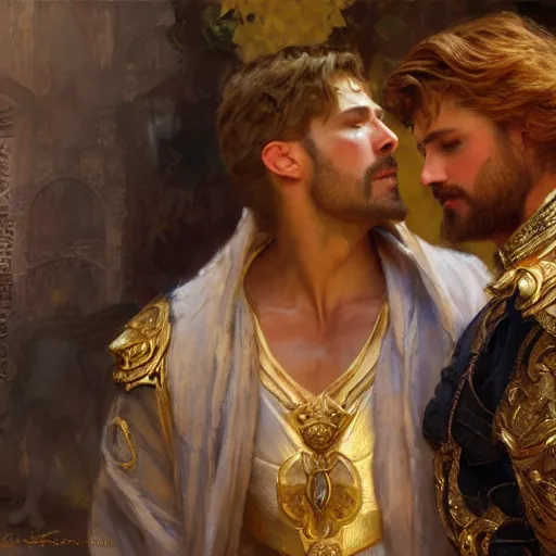 Image similar to attractive fully clothed king confesses his love for his attractive fully clothed male prince. highly detailed painting by gaston bussiere, craig mullins, j. c. leyendecker 8 k