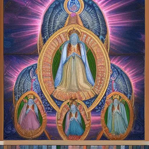 Image similar to photo of an intricately detailed representation of a accurate divine heavenly throne on a road of brilliant gemstone surround by epic angels. Colored graphite blended with colored oils miniature on vellum.