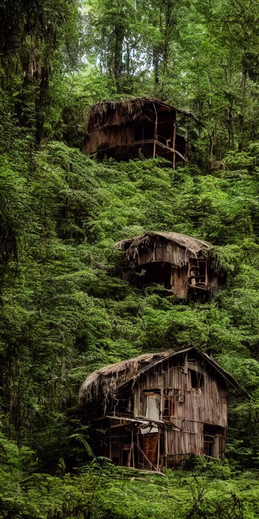 Image similar to a cinematic movie shot of a multi-story ramshackle hut in the magical forest