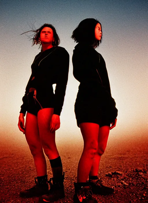 Image similar to cinestill 5 0 d photographic portrait of two loving female androids wearing rugged black techwear on a desolate plain with a red sky, extreme closeup, lizard on ground, cyberpunk style, in front of a brutalist dark metal facility, dust storm, 3 5 mm, 8 k, f / 3 2, high resolution, ultra realistic faces