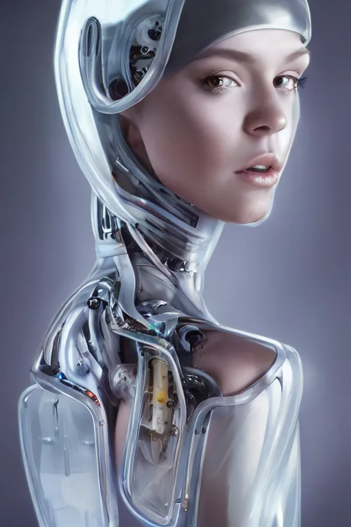 Image similar to a beautiful half body image of a futuristic android with body made of translucent plastic, long hair made of cellophane with a plastic hood and mechanical internal parts, symmetrical and realistic proportions by Irakli Nadar, tom bagshaw, Charlie Bowater with details by Jason Felix, furio tedeschi, face by ilya kuvshinov, artgerm, cinematic backlit lighting, beauty retouch, elite, photo realistic, octane render, hyper real, ultra detailed, trending on artstation pinterest and deviantart