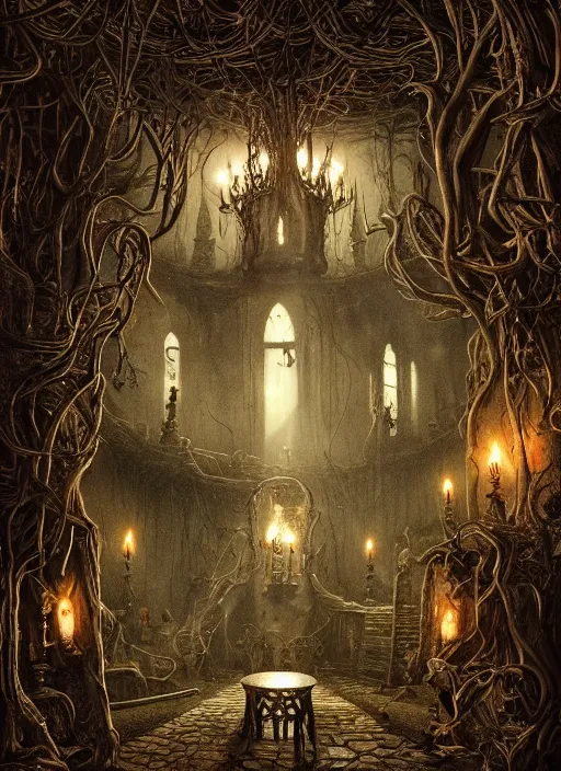 Image similar to a photorealistic dramatic hyperrealistic render of an eerie haunted house in pan's labyrinth by joe fenton, color poster art design, intricate details, beautiful dynamic dramatic dark moody tones and lighting, shadows, cinematic atmosphere, octane render, 8 k