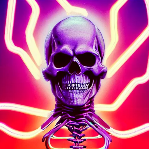 Image similar to skeletor, 1 0 0 0 bones, portrait, vaporwave, synthwave, neon, vector graphics, cinematic, volumetric lighting, f 8 aperture, cinematic eastman 5 3 8 4 film