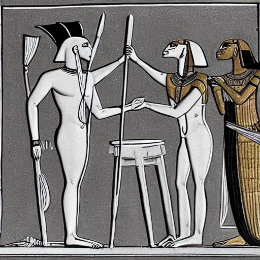 Image similar to the god anubis accompanying ramses the second to be judged before the god osiris