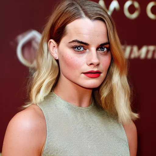 Image similar to a woman who is a genetic combination of margot robbie and emma watson face and upper - body focus