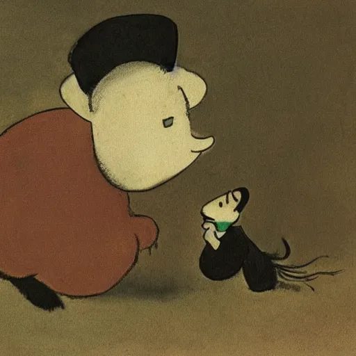 Image similar to moominpoppa with wide scared eyes holding and biting moomintroll, goya painting