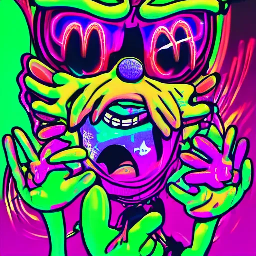 Image similar to goofy covered in blood in a dance rave, neon coloring, digital art, highly detailed