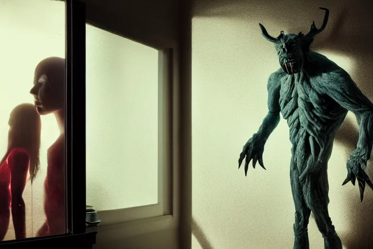 Prompt: vfx movie scene sleep paralysis night, a monster outside the bedroom window, natural lighting by emmanuel lubezki