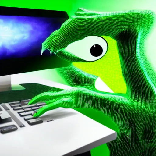 Prompt: green emerald monster hacking in computer