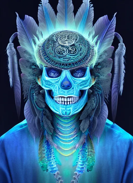 Image similar to 3 d shaman with tattoos profile portrait, sigma 5 0 0 mm f / 5. beautiful intricate highly detailed quetzalcoatl skull and feathers. bioluminescent, plasma, frost, water, wind, creature, gradient background, thunderstorm! artwork by tooth wu and wlop and beeple and greg rutkowski, 8 k trending on artstation,