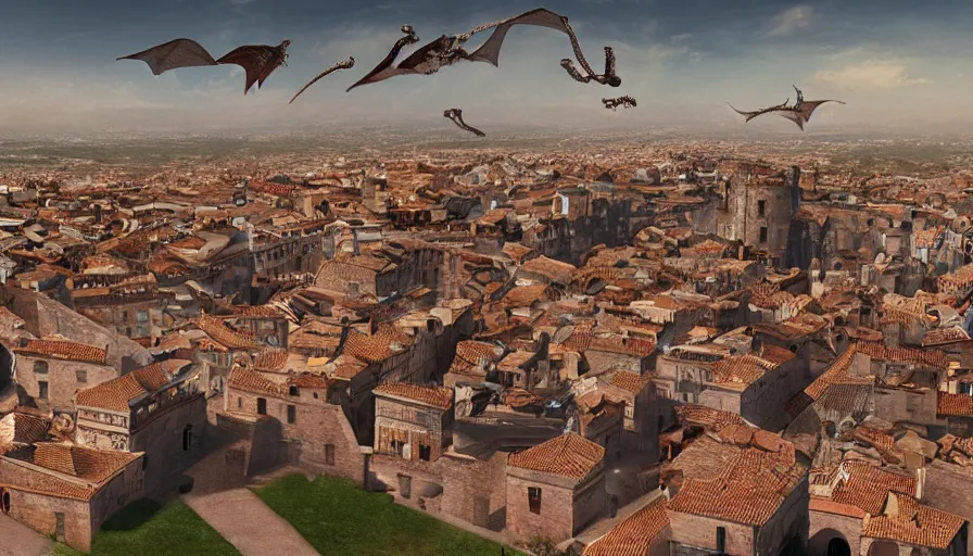 Image similar to the monumental city of caceres with dragons flying over it, digital art, trending on artstation