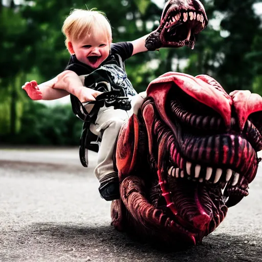 Prompt: A toddler happily riding a xenomorph, photography, 4K