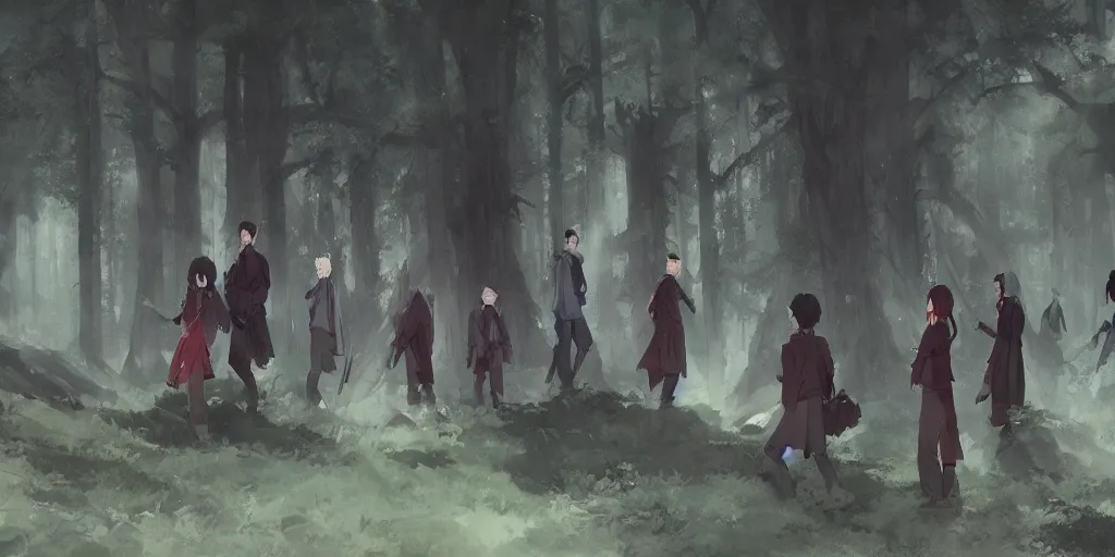 Image similar to group of vampires in the woods, hyperrealistic, trending on pixiv fanbox, painted by greg rutkowski makoto shinkai takashi takeuchi studio ghibli, akihiko yoshida