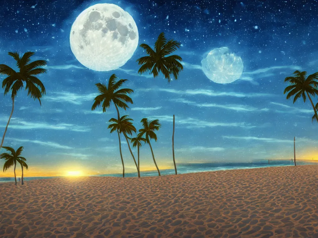 Image similar to night on a summer miami city beach, you can see part of the city, palm trees, footprints in the sand, full moon reflected in the calm ocean, starry sky 8 k, ultra detailed, trending on artstation, digital painting