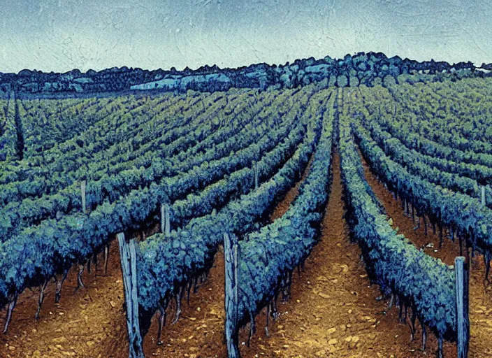 Image similar to blue woodcut vineyard landscape by greg rutkowski, fine details, highly detailed