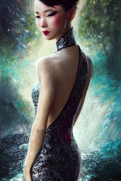 Prompt: portrait of a beautiful woman wearing a cheongsam dress, drenched body, silver hair, emerging from the water, dark fantasy, regal, fractal crystal, fractal gemstones, by ross tran, stanley artgerm lau, thomas kindkade, loish, norman rockwell