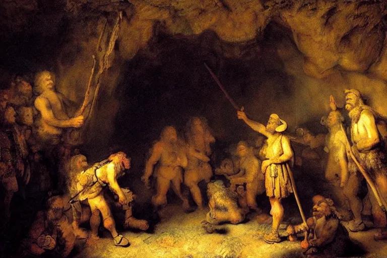 Prompt: Stone Age rave in a cave, painted by Rembrandt