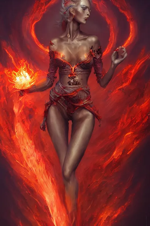 Image similar to torso of beautiful model wearing fire and lava dress, sorcerer, diamonds, angel, fantasy, dramatic lighting, highly detailed, digital painting, holding electricity, magic the gathering, hyper detailed, 3 d render, hyper realistic detailed portrait, peter mohrbacher, wlop, ruan jia