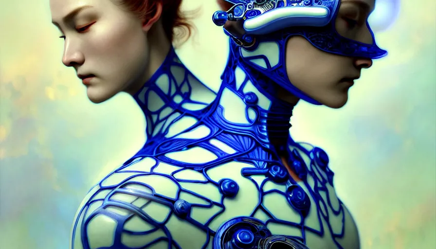 Image similar to organic cyborg, chinese blue and white porcelain, diffuse lighting, fantasy, intricate, elegant, highly detailed, lifelike, photorealistic, digital painting, artstation, illustration, concept art, smooth, sharp focus, by john collier and albert aublet and krenz cushart and artem demura and alphonse mucha. h 8 9 6