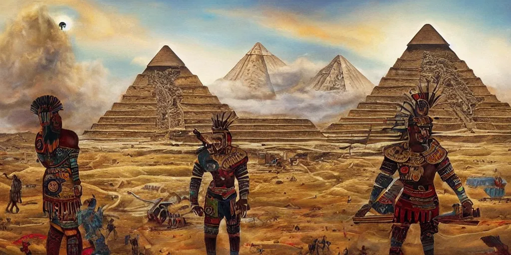 Prompt: simonetti rutkowski epic painting aztec warrior watching spaceship starship in the sky, background is mesoamerican pyramid