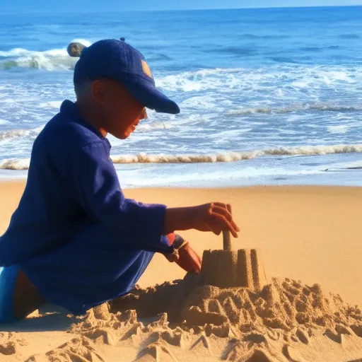 Prompt: Yoda building a sand castle on the beach, wide shot, low angle, golden hour, cameraphone