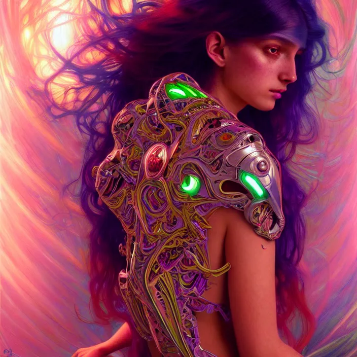 Image similar to bright psychedelic cyborg, glowing skin, long hair, diffuse lighting, fantasy, intricate, elegant, highly detailed, lifelike, photorealistic, digital painting, artstation, illustration, concept art, smooth, sharp focus, art by John Collier and Albert Aublet and Krenz Cushart and Artem Demura and Alphonse Mucha