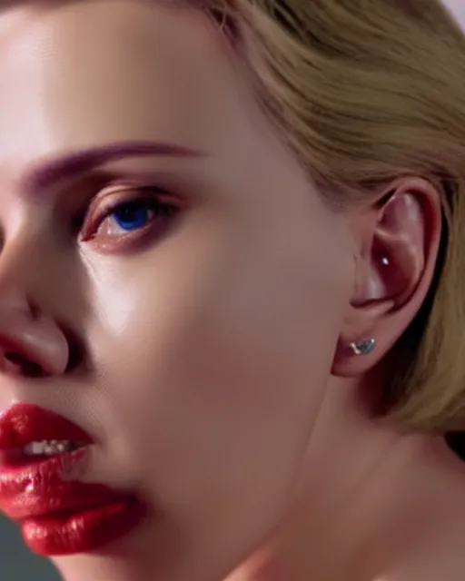 Image similar to highly detailed vfx portrait of scarlett johansson, red lipstick, global illumination, detailed and intricate environment