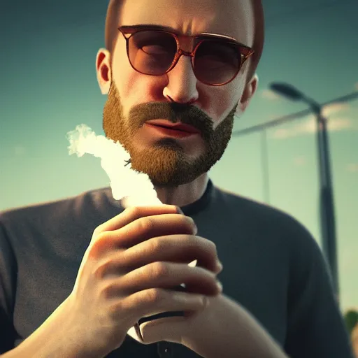 Prompt: hipster vladimit putin smoking a joint, 30mm photography, gta artstyle, wide shot, dramatic lighting, octane render, hyperrealistic, high quality, highly detailed, artstation, HD, beautiful, cinematic, 8k, unreal engine, facial accuracy, symmetrical, smooth, intricate