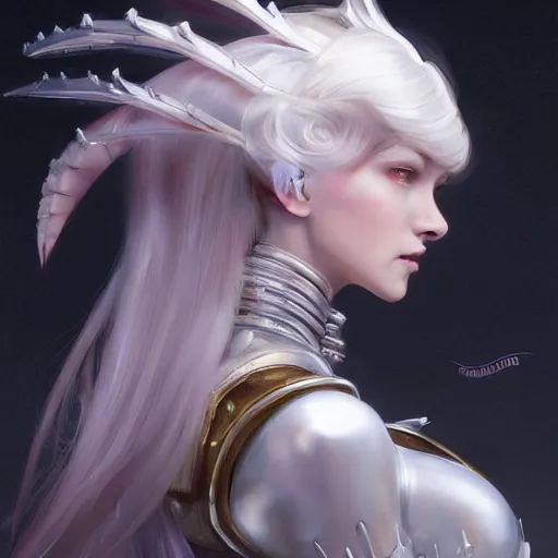 Image similar to A masterpiece portrait of a iron princess menacing girl with tall white amazing victorian wig with mecha wings. trending on artstation, digital art, by Stanley Artgerm Lau, WLOP, Rossdraws, James Jean, Andrei Riabovitchev, Marc Simonetti, Yoshitaka Amano