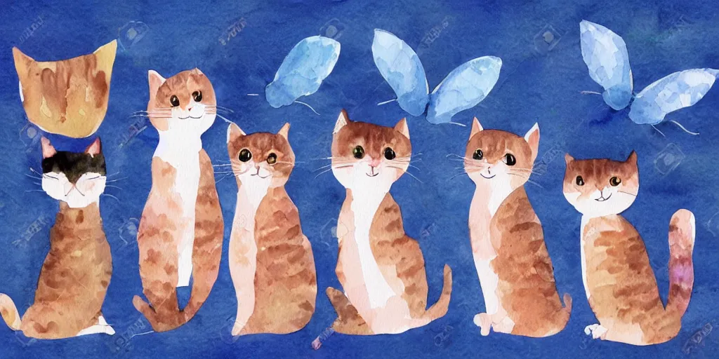 Prompt: watercolor illustration style, group of cute cats with blue wings