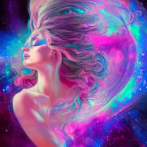 Prompt: a galaxy pink purple and blue colored, psychedelic ethereal portrait, kim petras with her eyes closed, transcending to a higher plane of existence, eternal blessing, multiverse, by android jones, by ben ridgeway, visionary art, by artgerm, featured on artstation, cgsociety, by greg rutkowski