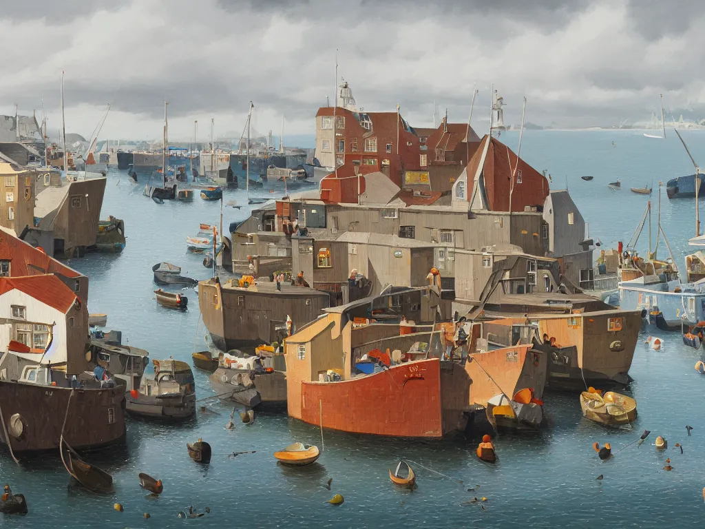 Prompt: a detailed gouache painting illustration of a typical English coastal fish market , by Michiel Schrijver, ultra-hd, sharp focus, isometric