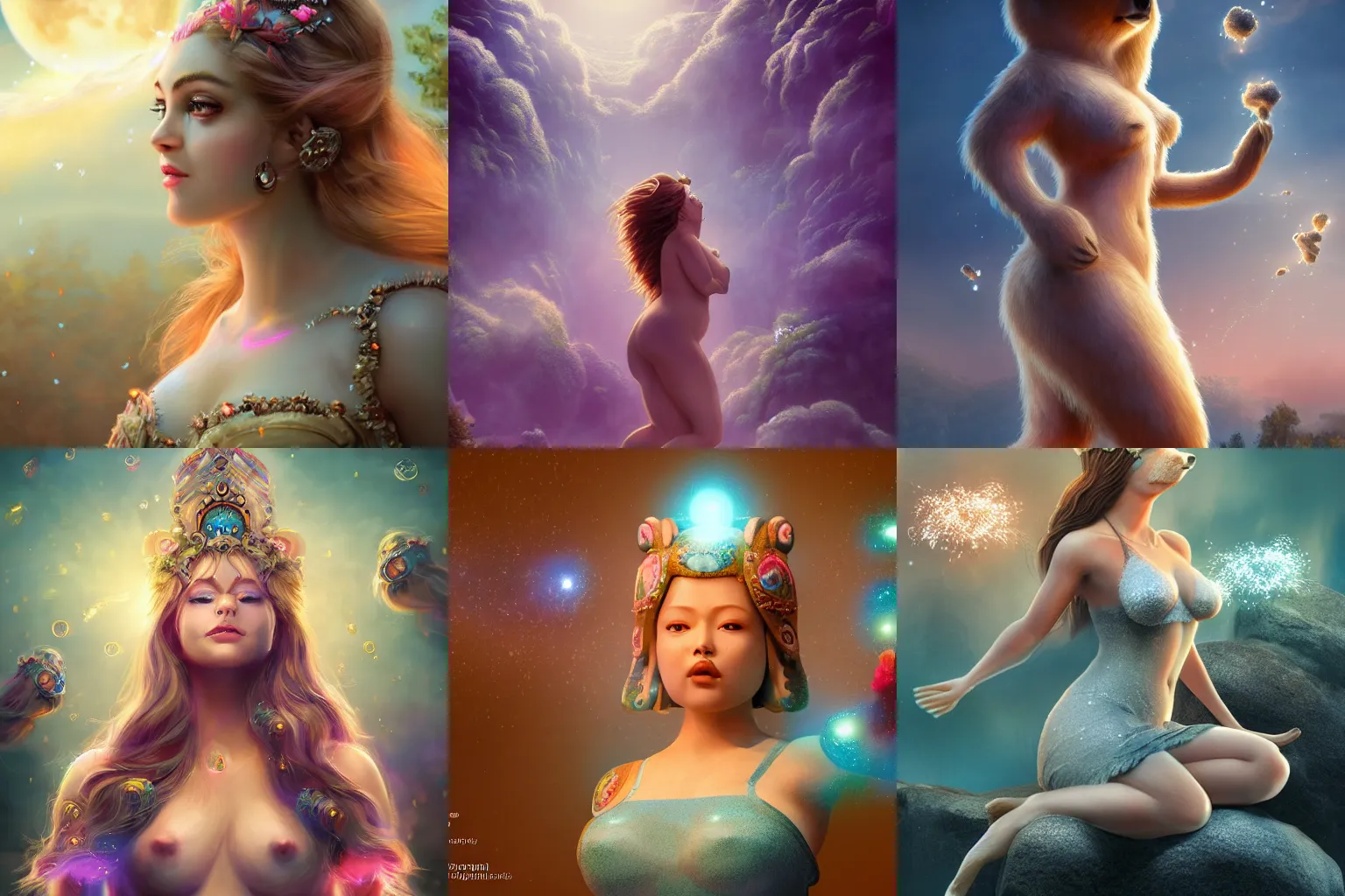 Prompt: a beautiful female goddess of bears character, character is in all its glory, character is in her natural relaxed pose, rim lights, particles and dust in the air, fancy clouds, highly detailed professional photo, dynamic lights, particles are flying, depth of field, trending on artstation, illustration, hyper realistic, vray caustics, super detailed, colorful accents, cinematic shot