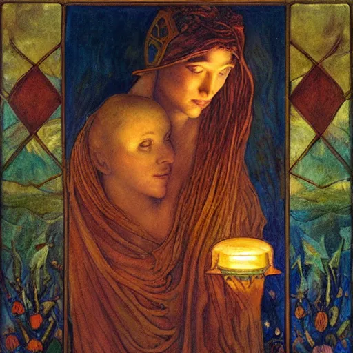 Prompt: the dawn queen with her lantern, by annie swynnerton and diego rivera and elihu vedder, symbolist, dramatic lighting, elaborate geometric ornament, art brut, soft cool colors, smooth, sharp focus, extremely detailed, leo and diane dillon, soft pastel colors