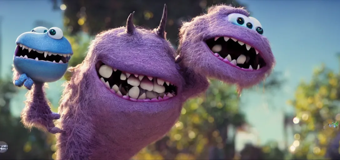 Image similar to a cinematic image of a cute and adorable pixar monster, 4k, 100mm, full monster in frame