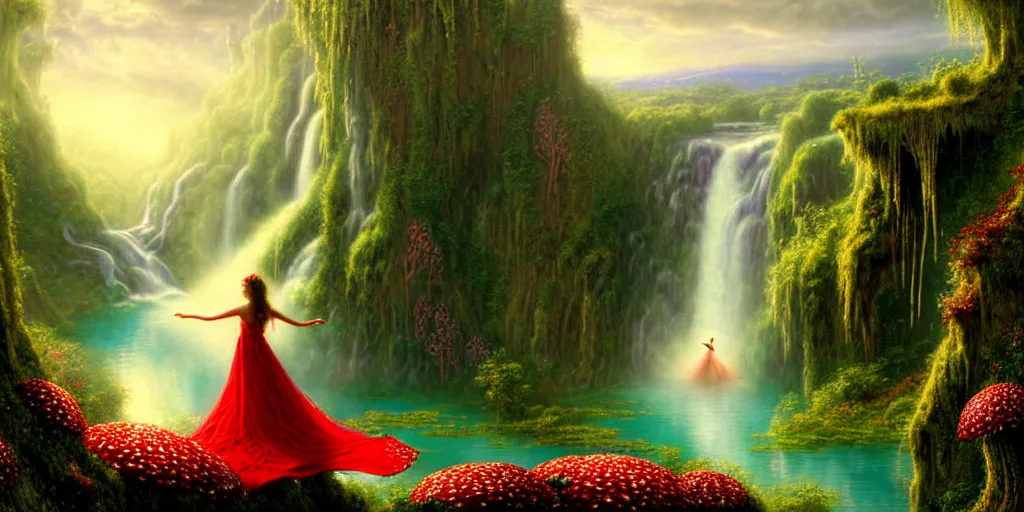 Prompt: an elegant fairy queen in a red lace dress dancing looking out at a lord of the rings scenery landscape, vast lush valley flowers and giant mushroom structures, waterfall falling into a clear lake, river, sunrise, god's rays highly detailed, vivid colour, soft clouds, floral sunset, cinematic lighting, perfect composition, gustave dore, derek zabrocki, greg rutkowski