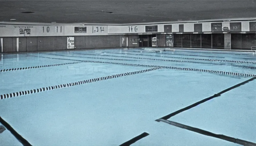 Image similar to 1 9 6 0 s movie still of an empty blue and yellow tiles municipal swimmingpool, security cam footage, liminal space style