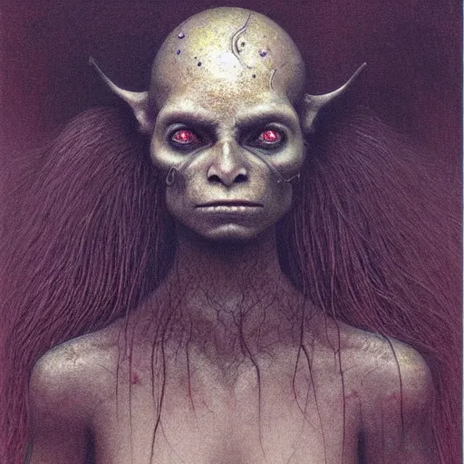 Prompt: portrait of ethereal young goblin witch in golden armour by Beksinski