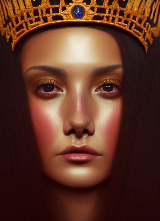 Prompt: portrait of latina queen, zoom, close, face, fantasy, rule of thirds, atmosphere, intricate, regal, octane render, arnold render, unreal engine, lumen, symmetrical!!, loreal, maybelline, sephora, loreal, artstation, art by karol bak ( ( cinematic ) ), concept art, filmic, vsco