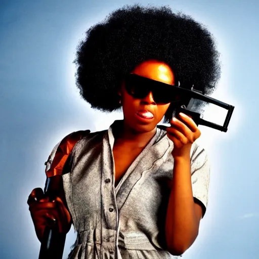 Prompt: afro woman posing with a gun wearing sunglasses, smoke, vintage poster, 8 0 s, action movie, cinematic