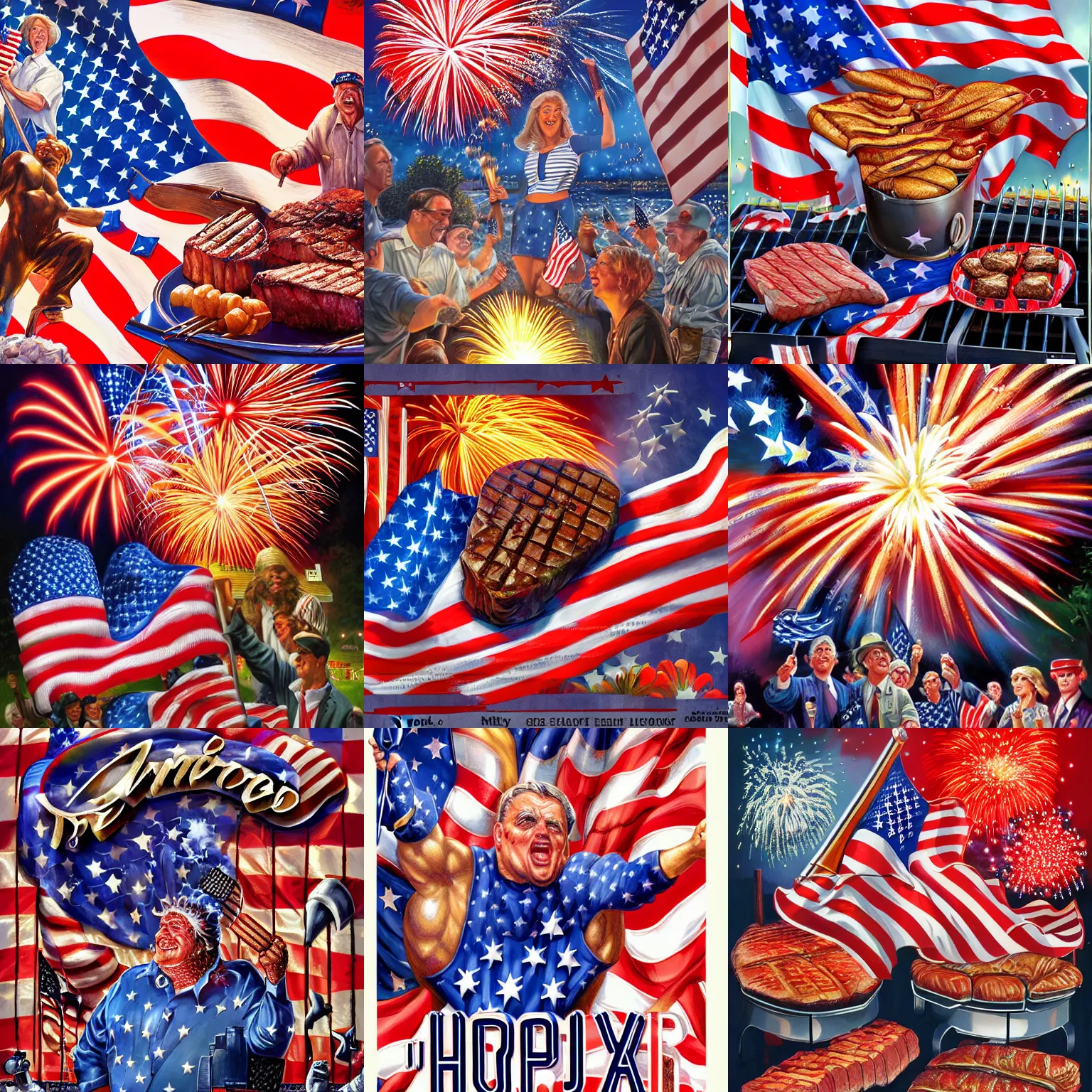 Prompt: 4th of July, Fireworks, steaks on the grill, USA, The American Way Of Life by Joe Jusko, rendered in hyperdetailed Ultra HD, trending on ArtStation, luminous